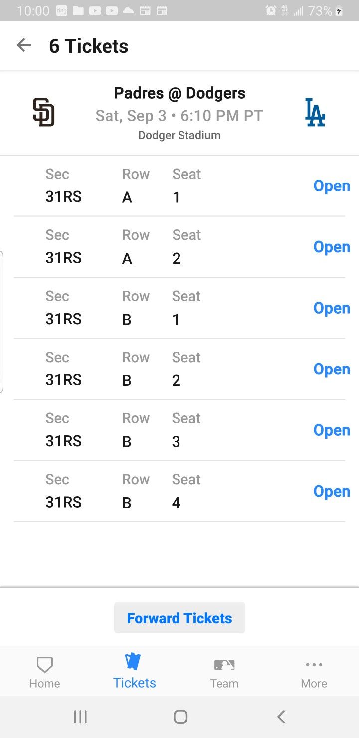 Padres vs Dodgers Sat Sep 3rd Aisle Seats Front Row