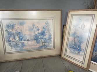 Set Of 2 Joni Van Ney Watercolor Crane Art Paintings