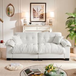 91.5" Oversized Loveseat Sofa Chenille Tufted Deep Seating Couch with Pillows - Cream