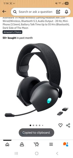 Alienware Tri-Mode Wireless Gaming Headset AW725H - Wired/Wireless, Bluetooth 5.3, Audio Output - 20 Hz, Mini-Phone (3.5mm), Battery Talk Time Up to 5
