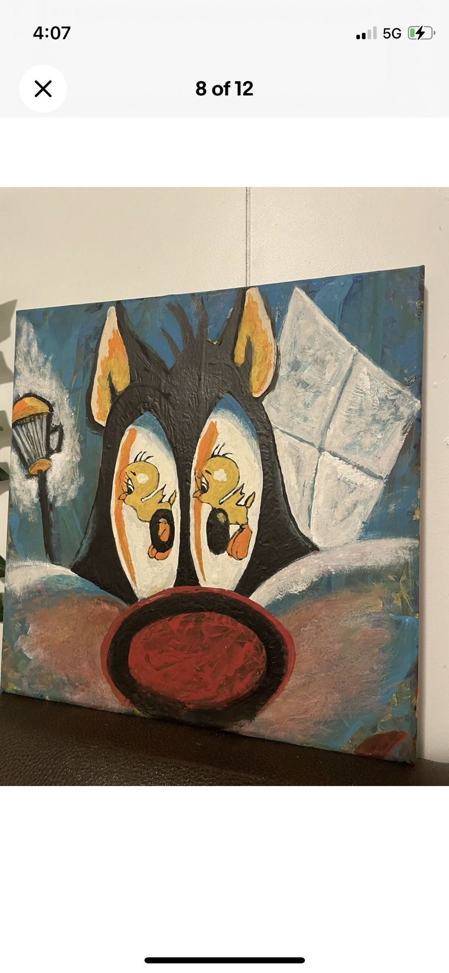 12 x 12 Looney Tunes Sylvester Tweety Abstract Acrylic Graffiti Mixed Original Canvas Painting Rare