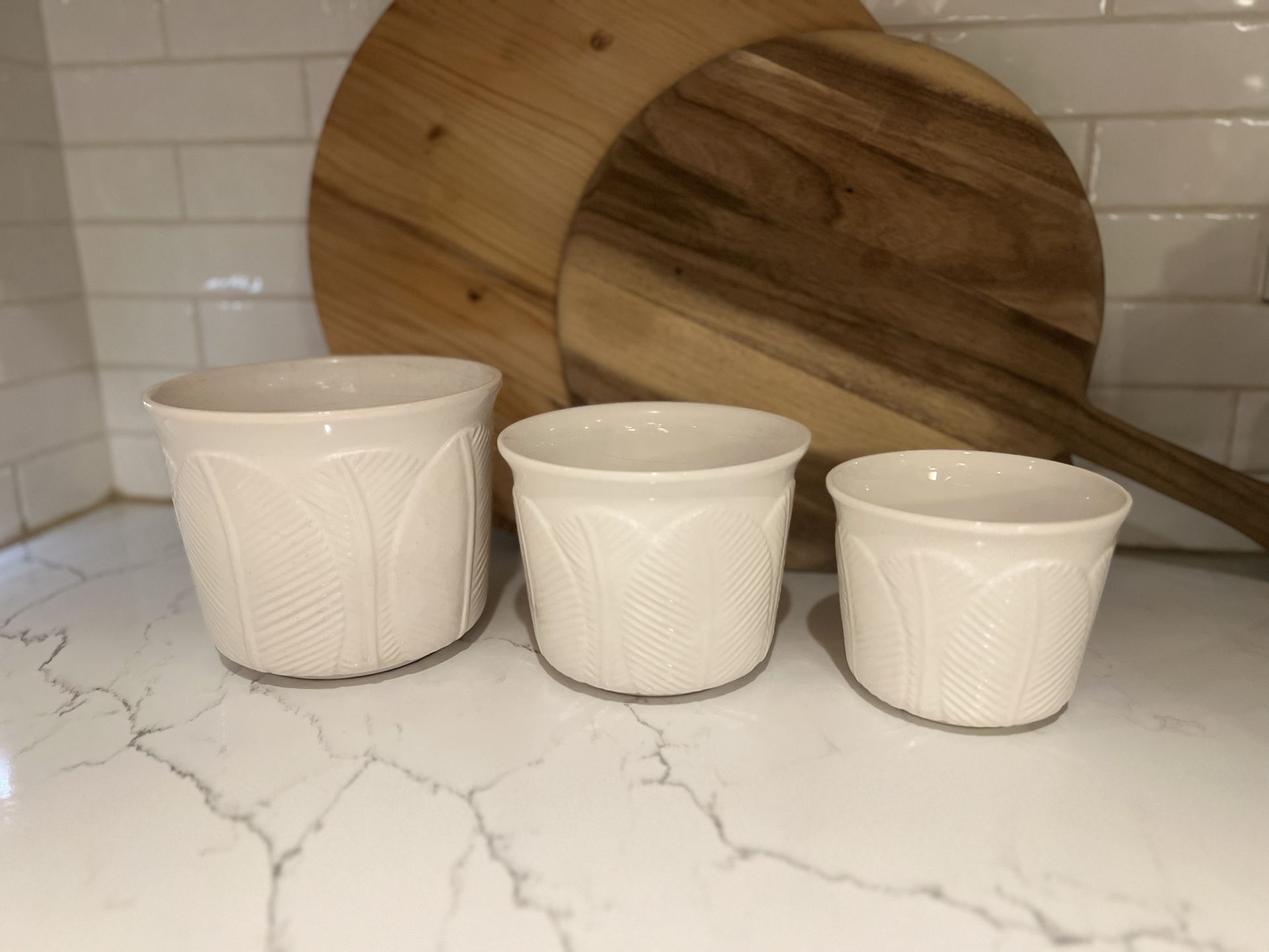 Set of 3 Embossed Leaf White Pottery Open Containers or Pots artisan stamped
