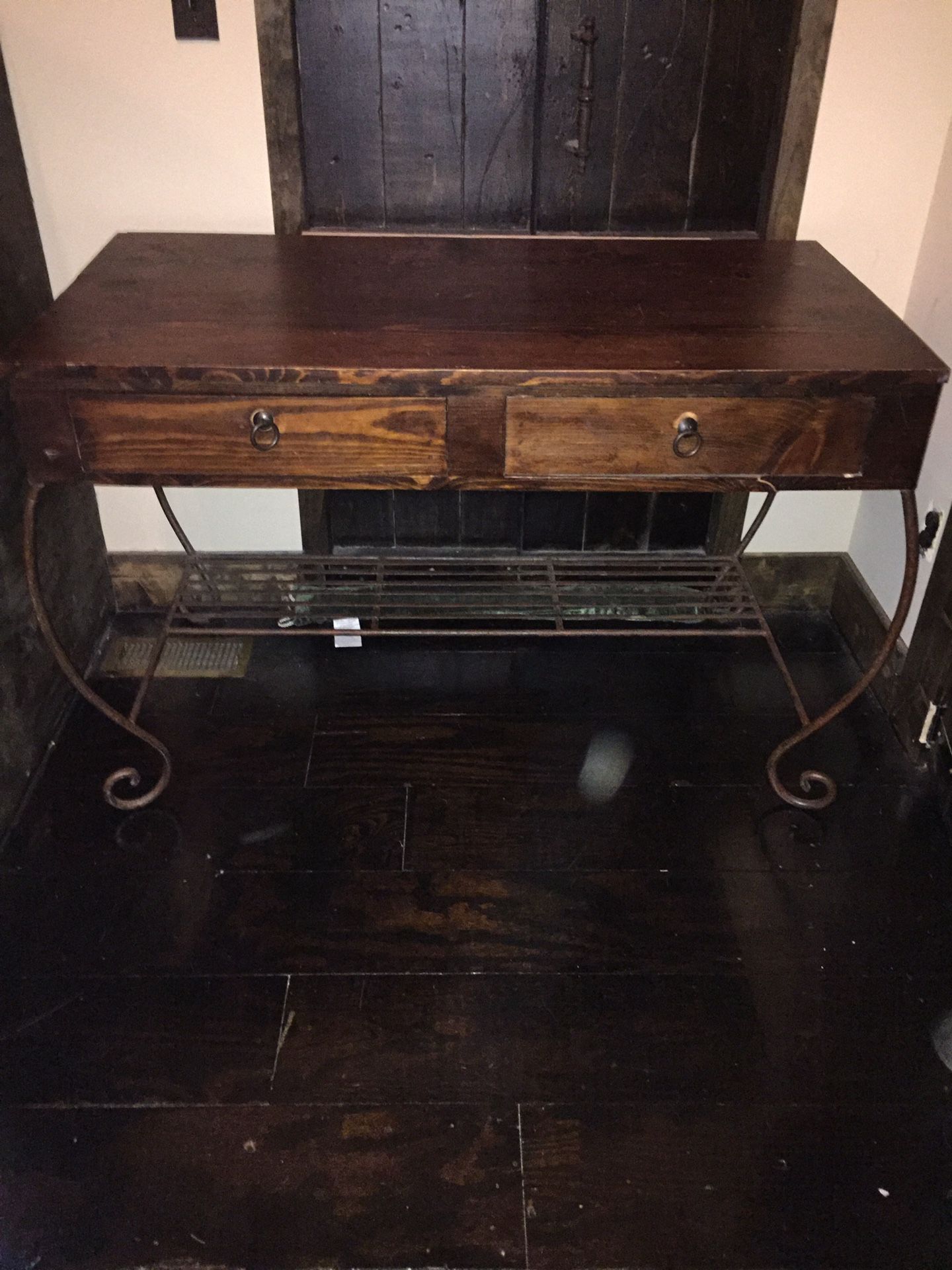 Antique wood and iron desk with matching chair