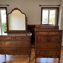 Antique Bedroom Set Includes Twin Bed Frame And Foot Board, Dresser, Vanity Dressor