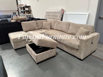 NEW Tan Soft Fabric Sectional Sofa Chaise Set FREE STORAGE OTTOMAN Reversible Left Right Big USB Ashley Jerome Style Beige Brown Couch Clearance SALE
