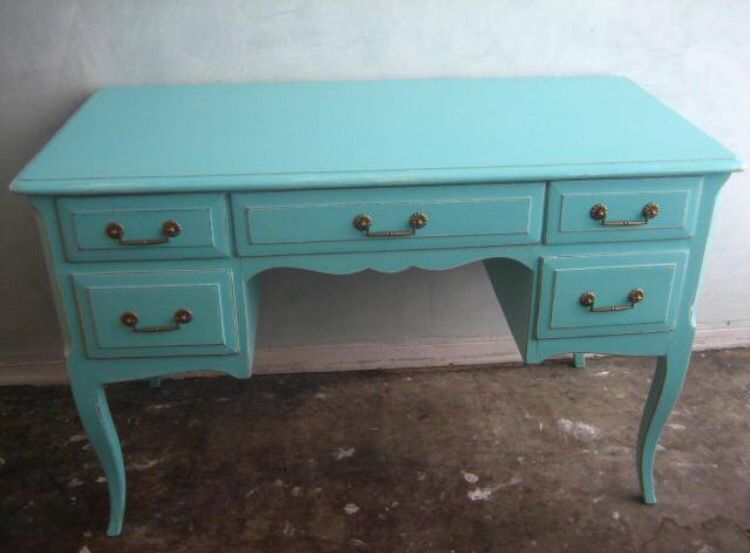 Antique 1940's turquoise painted 5 drawer desk for sale