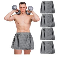 Mixweer 4 Pcs Mens Wearable Bath Towel Wrap Short Pants 11.81'' Mens Towel Shower Wrap with Closure for Bathroom Shower Spa Gym(Gray,Waffle)