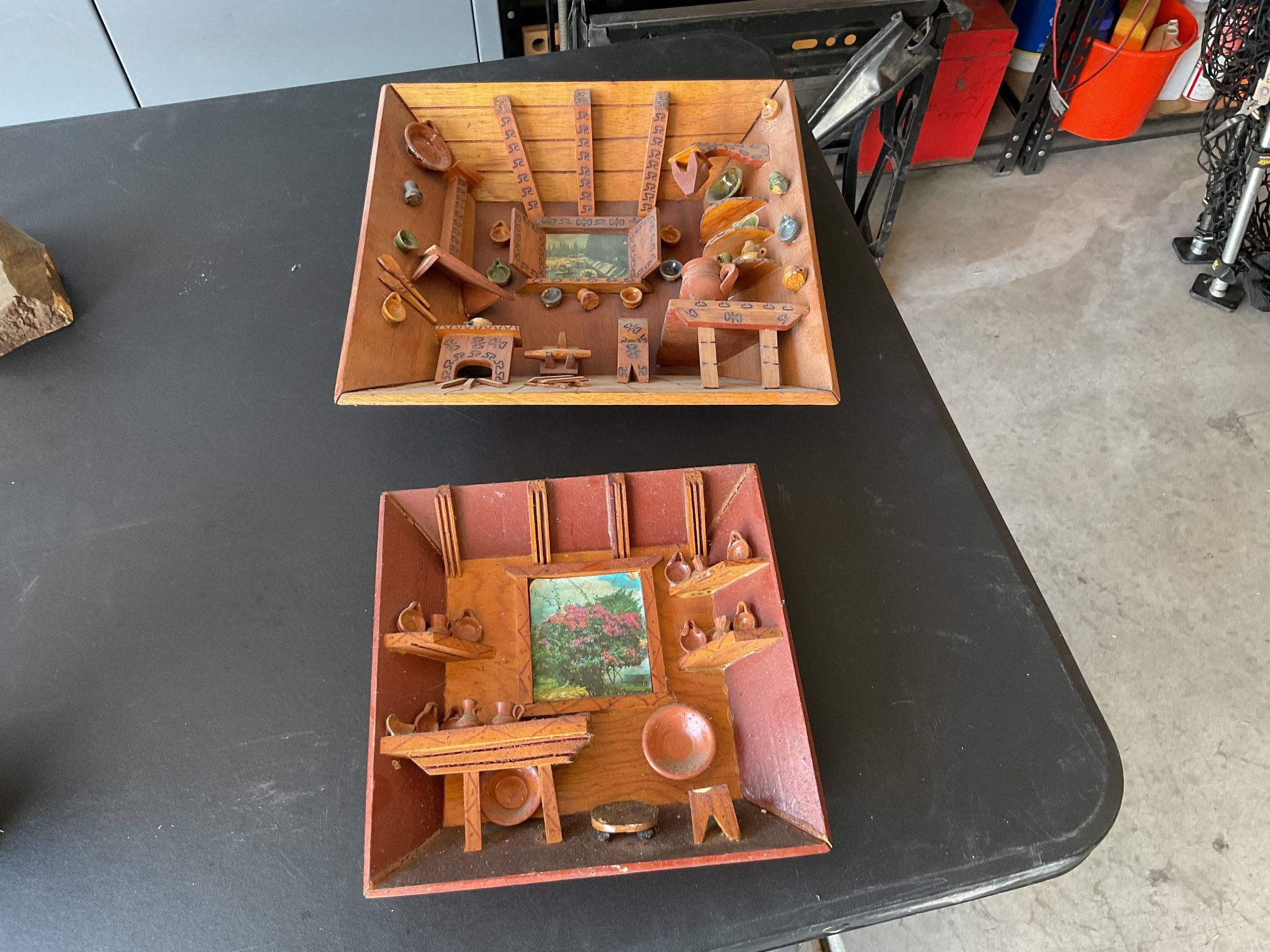 Antique log cabin kitchen shadowboxes