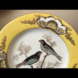 Vintage Hua Rong Tang Zhi Hand Painted and Gilded Porcelain 10 1/4" Bird Plate Gold Yellow Black
