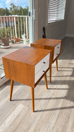 West Elm Mid-Century Nightstands – White + Acorn – Pair
