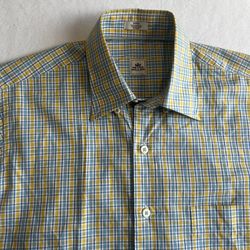 Peter Millar Men’s Small Yellow Blue Plaid Short Sleeve Button Down Shirt