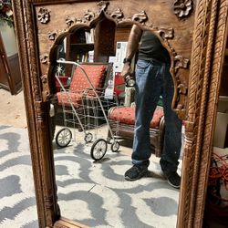 19th Century Carved Arch Teak Indian Window Frame Mirror