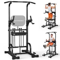 Sportsroyals - Power Tower Pull Up Bar Station with Assisted Pad, 450LBS Stable Pull Up Dip Station for Home Gym - Black