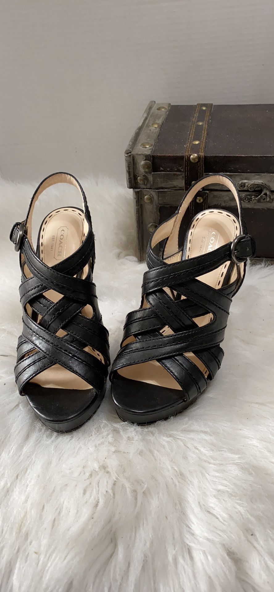 COACH 'Brynne' strappy platforms open-toe heels shoes 7.5 B- black