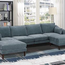 MINERAL MORGAN FABRIC 6 PIECE MODULAR SOFA U SHAPE SECTIONAL CHAISE OTTOMAN LIVING ROOM SET - JUEGO DE SALA