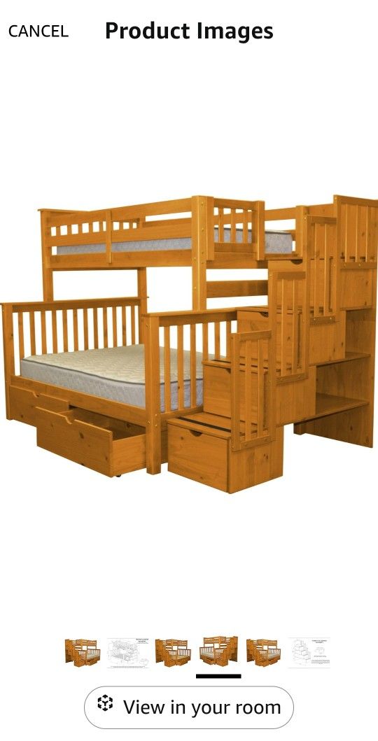 Free: Bedz King Stairway Bunk Beds Twin over Full with 4 Drawers in the Steps and a Twin Trundle, Honey Color