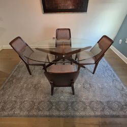 Mid-Century Modern Dining Table Set - Glass Top with 4 Upholstered Chairs in Dark Wood