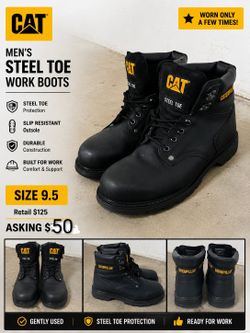 Men’s CAT Steel Toe Work Boots – Size 9.5