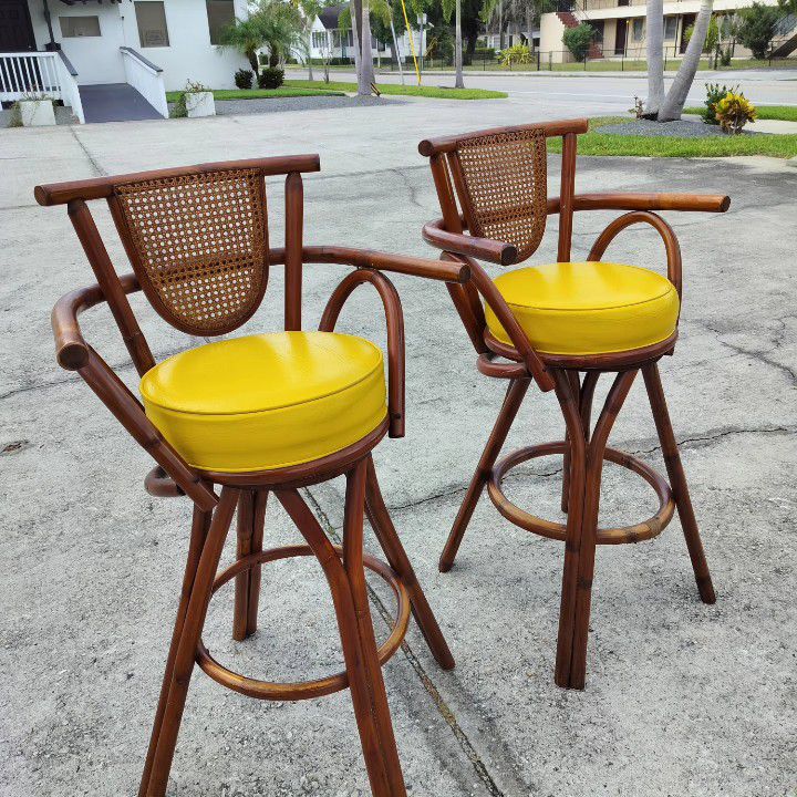 Vintage Mid Century Paul Frankl Style Bar Height Swivel Rattan Bar Stools With Cane Backs And Original Harvest Gold Thick Naugahyde Upholstery