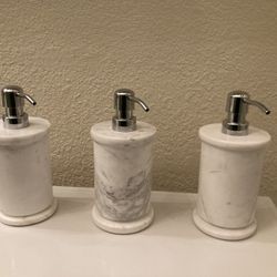 Pottery Barn -White Marble Bathroom Soap / Lotion Dispensers – Set of 3- New