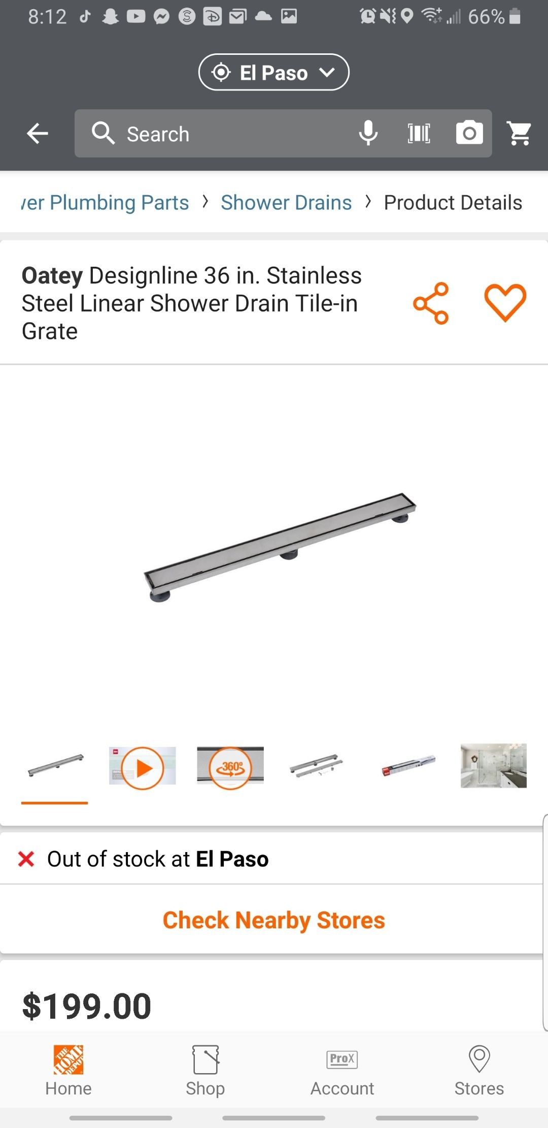 Oatey designline 36 inch stainless steel linear shower drain tile in gate