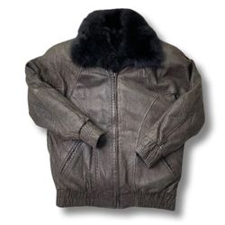 ANDREW MARC Brown LEATHER Jacket Detachable Opossum FUR Size Large