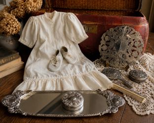 Antique Collection: Baby Christening Gown & Shoes, Red Leather Suitcase, Silver-Plated Trivet and Vintage Silver-Plated Vanity Tray