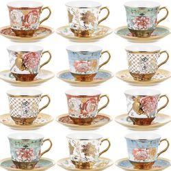 Teenyyou Set Of 12 Tea Cups And Saucers Tea Party Decorations Floral Porcelain 5.4 Oz British Gift For Women Birthday Party, Church, And Mother's Day 