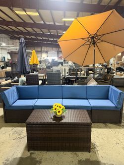 🔥Set of 5🔥Outdoor Patio Furniture Set, Patio Wicker Sectional Furniture Chair Set, Black Rattan&Blue Cushion Horizontal Structure With Hinged Lid; S