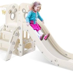  Kids Slide L-Shaped, 5 in 1 Slide Climber for Toddler, with Ball & Hoop, Storage Space and Non-Slip Steps, Indoor Outdoor Baby Playset, Ideal for Boy