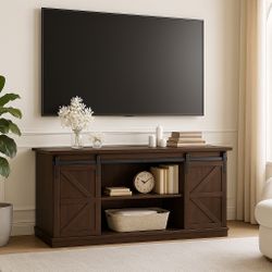 New TV Stand for 65 inch TV, Entertainment Center with Storage Cabinets and Sliding Barn Doors, Mid-Century Modern Console Table for Living Room and B