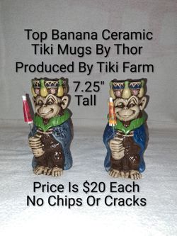 7.25" Tall Top Banana Ceramic Tiki Mugs By Thor & Produced By Tiki Farm (Price Is $20 Each) There Are No Chips Or Cracks