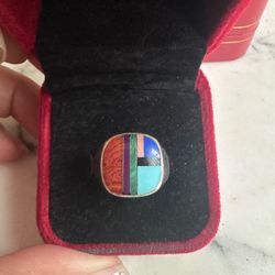 Vintage 925 Sterling silver , multiple gemstones Native Am. Ring , size 10 , there is a marking but faded