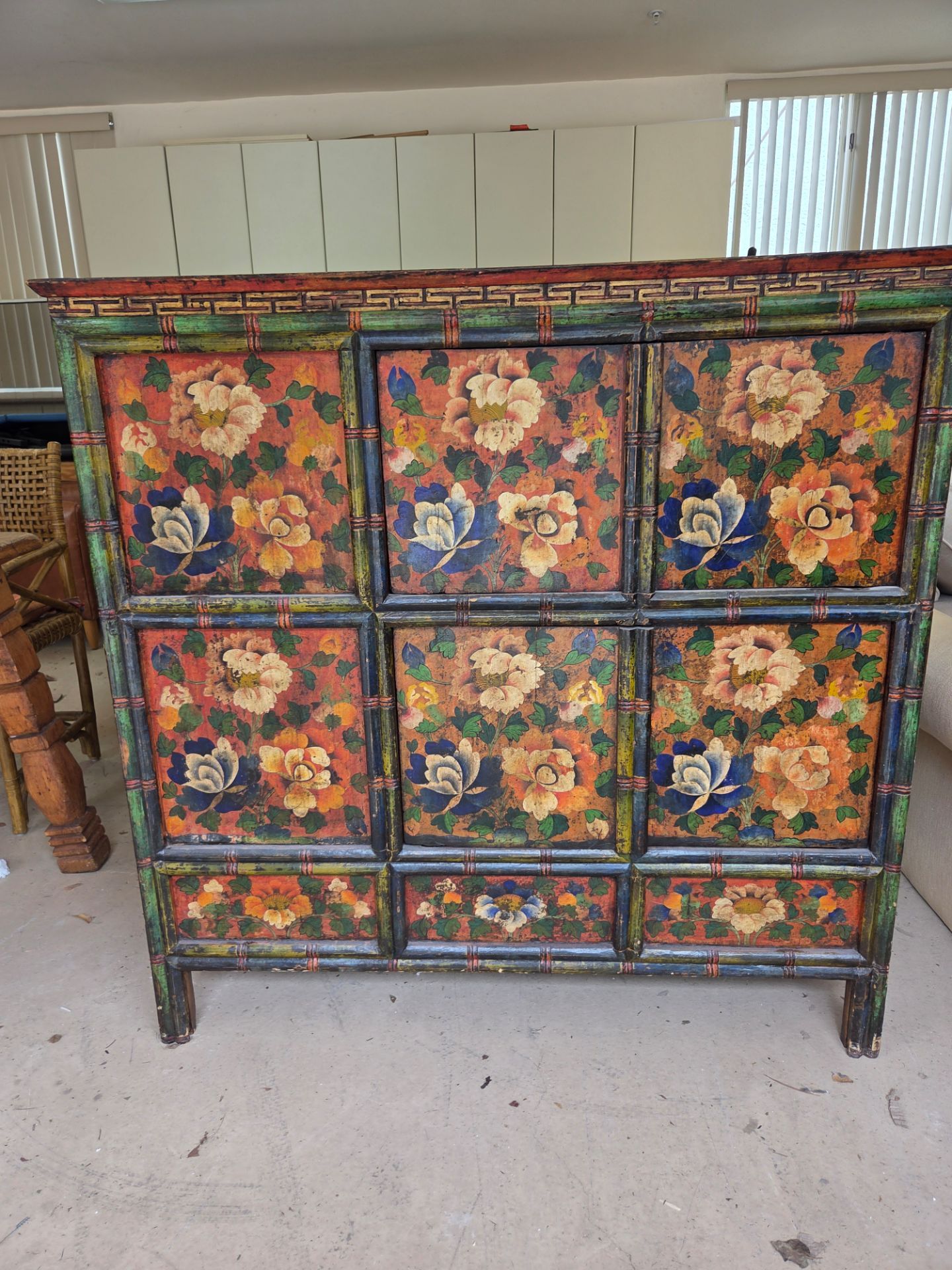 Antique Tibetan Flower Sculpted Dresser - 1930