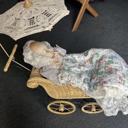 Antique, baby, doll and carriage with parasol… 