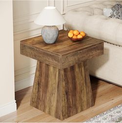 Small End Ta bl e, Rustic Squar e Side Tabl e with Wide Bas e, Fa rmhou se Small Nightstan d ，brown