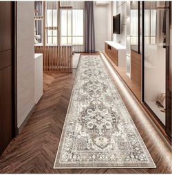2x12 Runner Rugs for Hallways Soft Kitchen Rug Non Slip Rug Runner with Rubber Backing Washable Non Shedding Farmhouse Runner Rug (Beige/Brown/Grey, 2