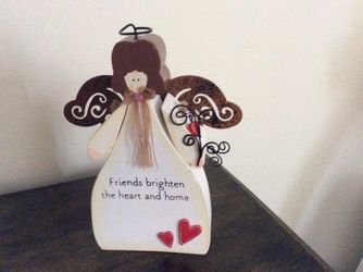 Russ wood angel with metal wings Friends brighten the heart and home