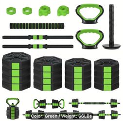 66lbs weights set, dumbbells, kettle bell, barbell