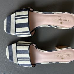 KATE SPADE New York Cambrey Stripe Canvas Mule Heeled Sandals Sz.6B NAVY-TAN