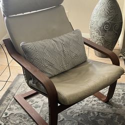 IKEA walnut wood color armchair light beige cream leather seat Discontinued head rest excellent condition