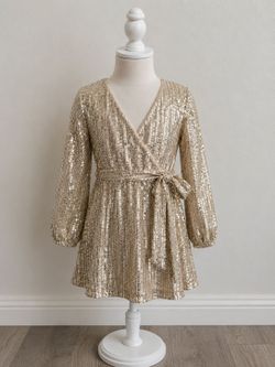 Art Class Girls Gold Sequin Wrap Dress Size S (6/7) Sparkly Party Holiday Special Occasion