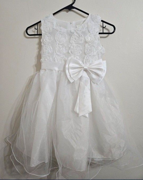 Girls White Rose With Bow Dress