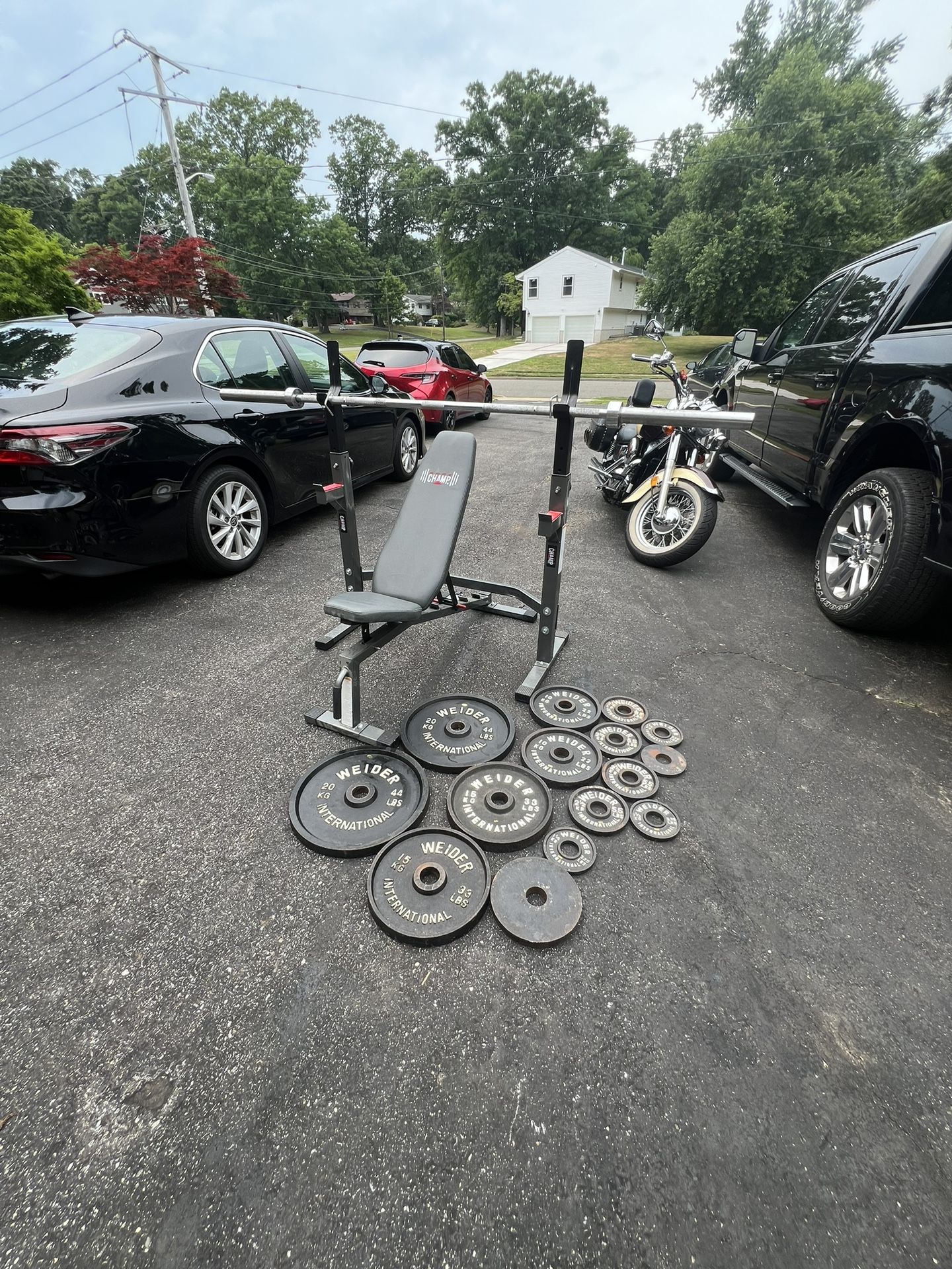complete Home Gym, Weightlifting Set With Adjustable Bench, Squat, Rack, Olympic Plates, And Barbell
