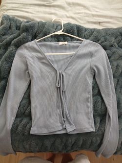 Light Blue Ribbed Tie-Front Crop Top