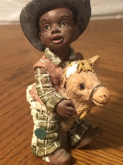 Adorable Vintage African American Boy Child Cowboy On Stick Pony Figurine