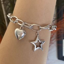 925 Silver Heart Star Charm Bracelet 