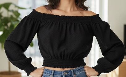 H&M Divided Black Off-the-Shoulder Swiss Dot Blouse Size S