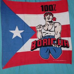 Puerto Rican flag bandana, often marketed as a "100% Boricua" headwrap or banner, typically made of 100% cotton