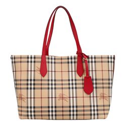 New Burberry Red Haymarket Check Reversible Leather Tote Bag